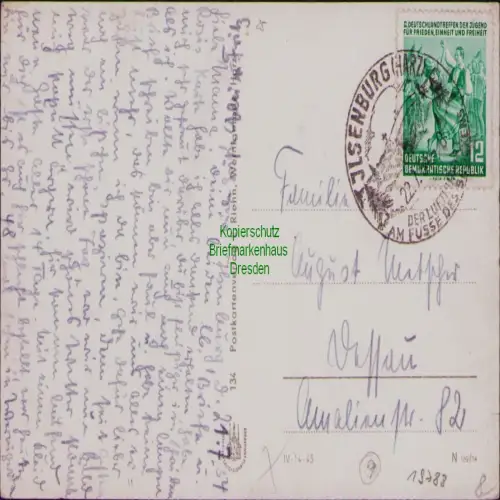 B19788 Postkarte DDR 428 EF Einzelfrankatur Ilsenburg Harz 1954 nach Dessau