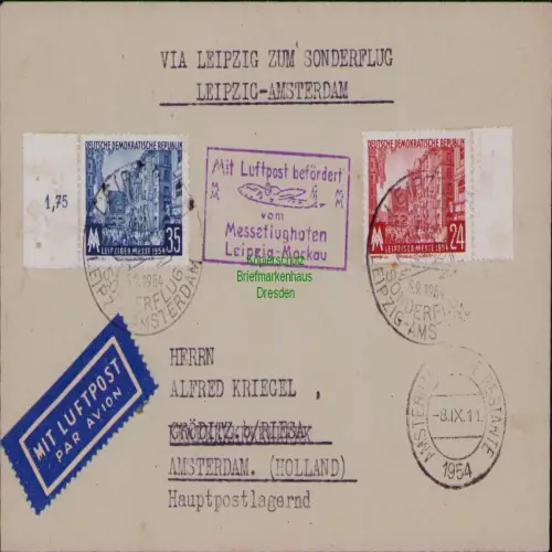 B19794 Brief DDR 433 434 Leipziger Messe 1954 Sonderflug Mockau - Amsterdam