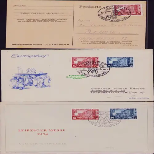 B19795 3x Brief Karte DDR 433 434 Leipziger Messe 1954 Sonderstempel Handelshof