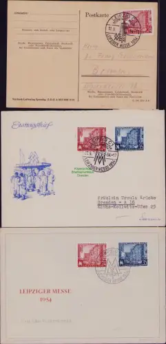 B19795 3x Brief Karte DDR 433 434 Leipziger Messe 1954 Sonderstempel Handelshof