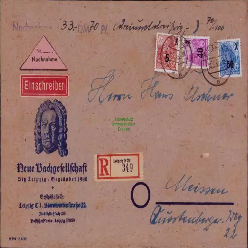 B19796 Brief DDR Neue Bachgesellschaft Leipzig Einschreiben Nachnahme 1955