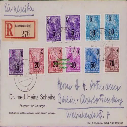 B19797 R-Brief DDR Einschreiben 435 - 442 DS FJP Portosenkung 1955 Varianten