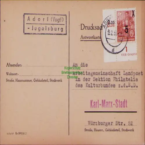 B19799 Karte DDR 436 Randstück Restauflage Adorf/Vogtl. - Jugelsburg 1955