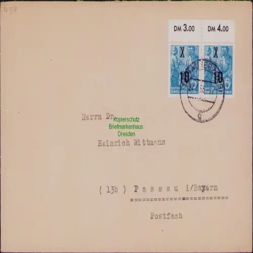 B19800 Brief DDR 2x 437 Randstück Neuauflage Lugau Erzgeb. 1955 nach Passau