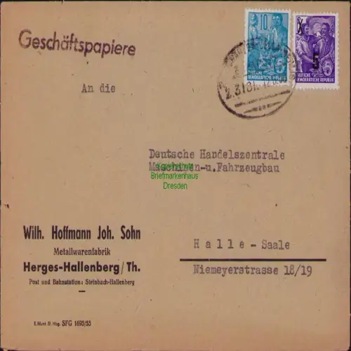 B19801 Brief DDR 453 435 beschäfigter Afdruck Kerbe im Bogen der 5 Bahnpost 1956