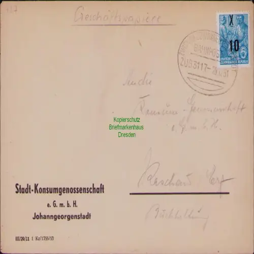B19802 Brief DDR 437 Geschäftspapiere EF 1954 Bahnpost Zwickau - Johanngeorgenst