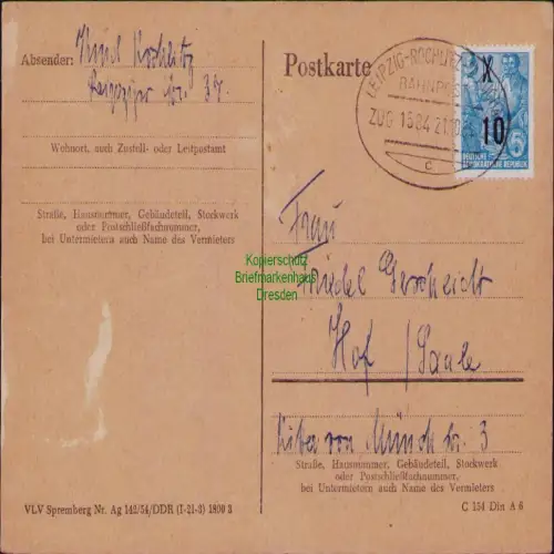 B19803 Karte DDR 437 EF Bahnpost Leipzig - Rochlitz - Glauchau 1954