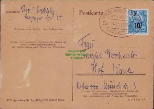 B19803 Karte DDR 437 EF Bahnpost Leipzig - Rochlitz - Glauchau 1954
