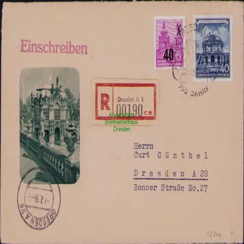 B19804 Brief DDR Einschreiben 496 440 Dresden Zwinger Umschlag rückseitig vier