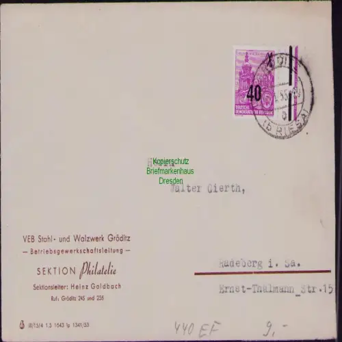B19805 Brief DDR 440 VEB Stahl und Walzwerk Gröditz nach Radeberg 1955