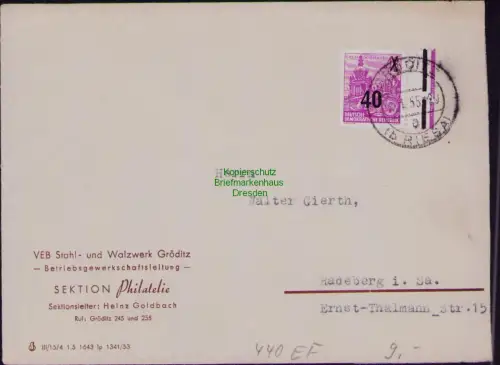 B19805 Brief DDR 440 VEB Stahl und Walzwerk Gröditz nach Radeberg 1955