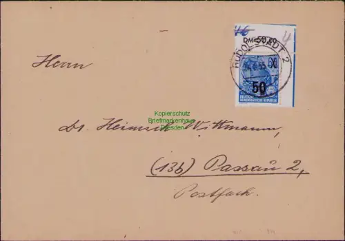 B19807 Brief DDR 441 Randstück Neuauflage Rudolstadt nach Passau 1955