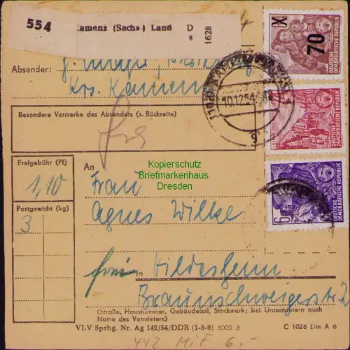B19808 Paketkarte DDR 442 MiF 407 414 437 Prietitz Landpost Kamenz nach Hildeshe