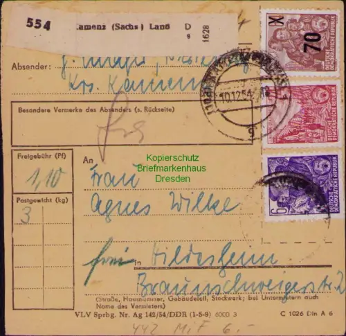 B19808 Paketkarte DDR 442 MiF 407 414 437 Prietitz Landpost Kamenz nach Hildeshe