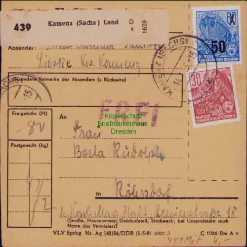 B19809 Paketkarte DDR 441 MiF 416 Landpost Kamenz nach Röhrsdorf