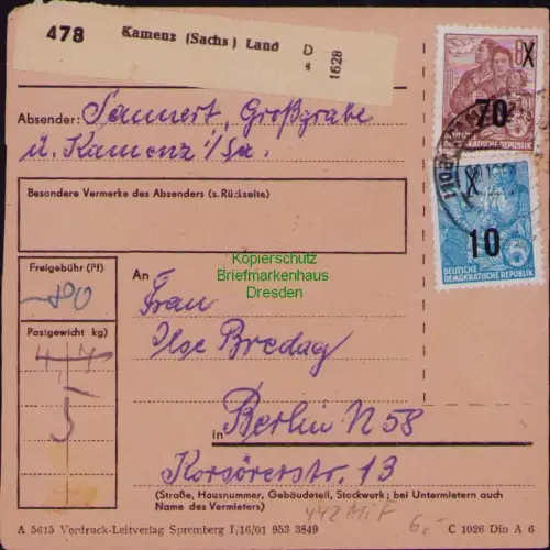 B19810 Paketkarte DDR 442 MiF 437 Landpost Kamenz nach Berlin 58 1955