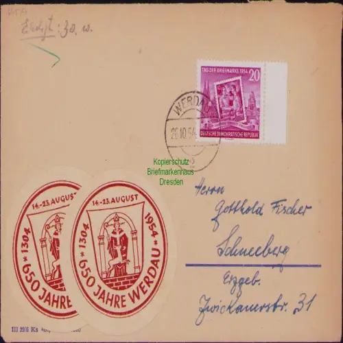 B19813 Brief DDR 445 Tag der Briefmarke Werdau 1954 + Vignette 650 Jahre Werdau