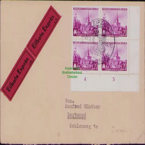 B19815 Brief DDR 4x 447 ER Viererblock Leipziger Frühjahrsmesse Eilboten nach Do