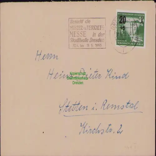 B19816 Brief DDR 449 EF Dresden Werbestempel Muster- und Vekaufsmesse Stadthalle