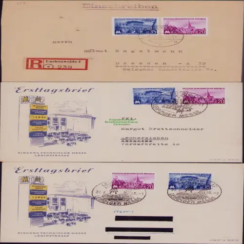 B19821 3x Brief DDR 447 448 Leipziger Frühjahrsmesse 1955 SST Markt Hauptbahnhof