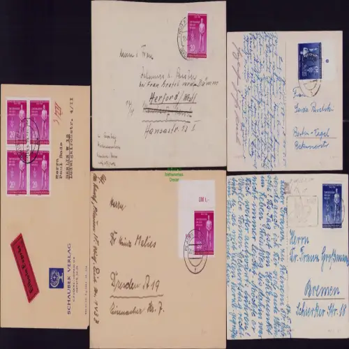 B19825 5x Brief Postkarte DDR 459 460 EF MeF 1955 Eilboten Schaubek Leipzig nach