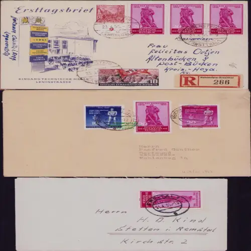 B19826 3x Brief DDR 463 Tag der Befreiung EF MiF 1955 1x Einschreiben Hohenstein