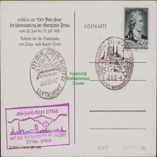 B19828 Sonderkarte DDR 464 Schiller 700 Jahr Feier Zittau Oybin 1955 Postkutsche