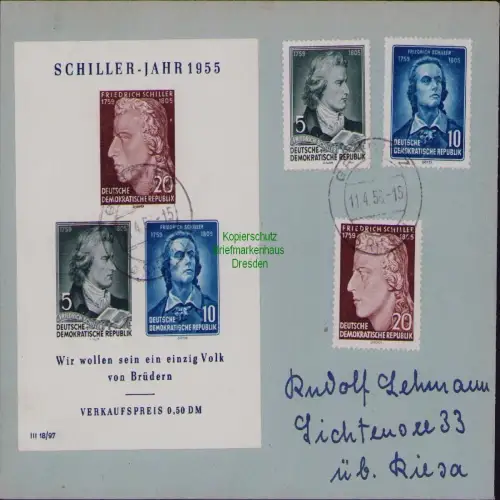 B19830 Brief DDR 464 - 466 Block 12 Gröditz 1956 Schiller Jahr 1955