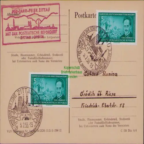 B19834 Sonderkarte DDR 472 Zittau mit der Postkutsche befördert 700 Jahr Feier