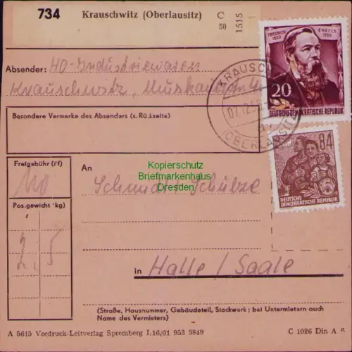 B19840 Paketkarte DDR 488 Engels 422 FJP Krauschwitz 1955 nach Halle Saale