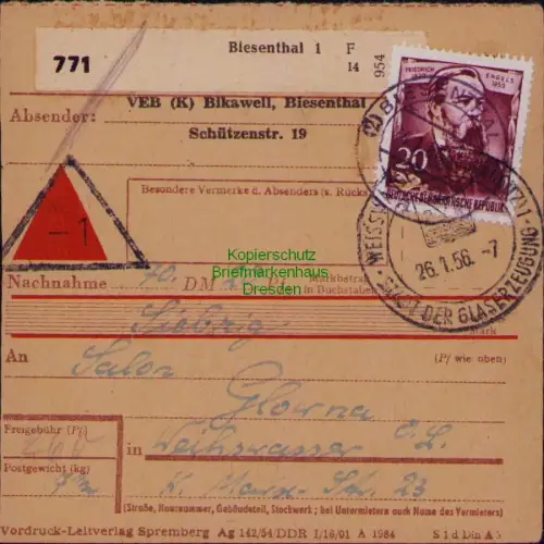 B19841 Paketkarte DDR 488 3x 490 Engels 416 FJP Biesenthal