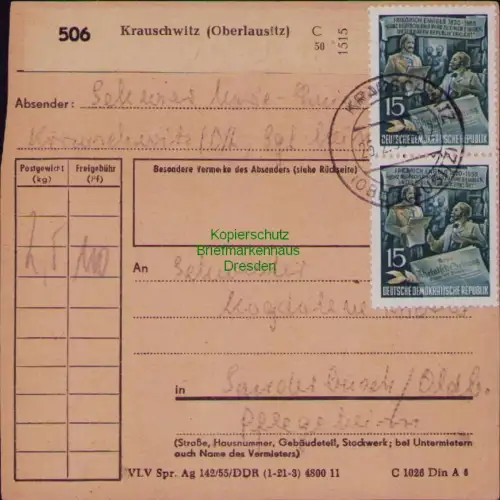B19842 Paketkarte DDR 7x 487 435 Krauschwitz nach Sanderbusch Oldenburg 1956