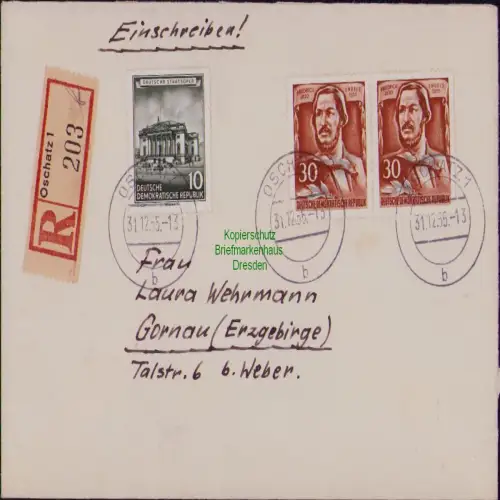 B19843 Brief DDR 2x 489 Engels 492 Einschreiben Oschatz nach Gornau Erzgeb. 1955