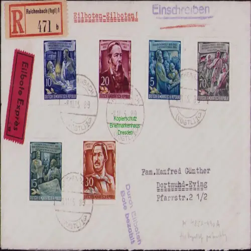 B19844 Brief DDR 485 - 490 Reichenbach Vogtl. Satzbrief 1955 Eilbote Einschreibe