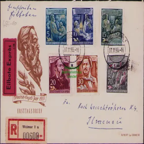 B19846 Brief DDR 486 - 489 amtlicher FDC Einschreiben Berlin Kjöpenick 1955