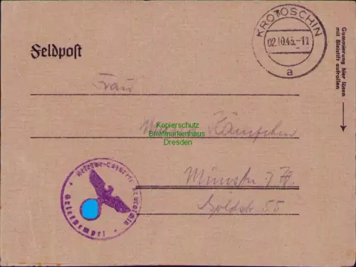 B22543 Briefvorderseite DR Deutsches Reich Krotoschin 1943 Feldpost nach München