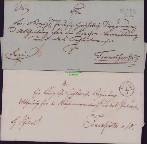 B22352 2x Brief leere Faltbriefhülle Guben um 1820 nach Frankfurt Oder