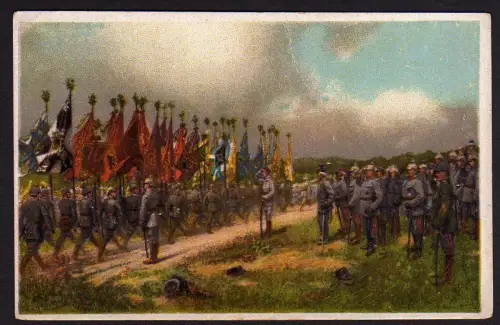 36942 AK Fahnenparade in den Argonnen Künstlerkarte Prof. Georg Schöbel um 1915