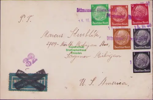 B22611 Deutsches Reich DR Brief Notstempel Dittmannsdorf Oberschlesien 1940 USA
