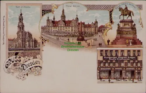 166537 AK Dresden um 1900 Litho Kath. Hofkirche König Schloss König Johann Denkm