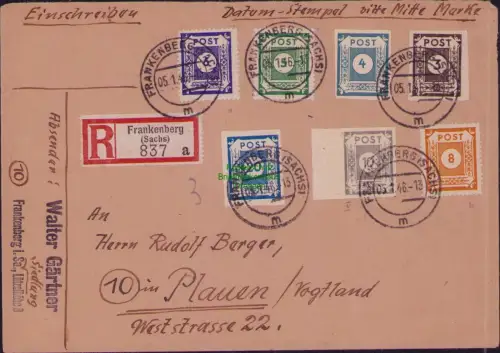 B22815 SBZ Ostsachsen Einschreiben R-Brief Frankenberg 1946 nach Plauen Vogtland
