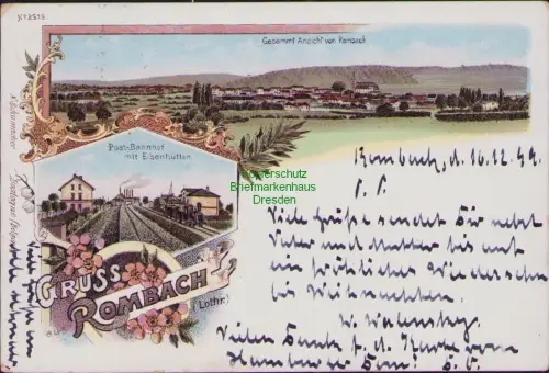 164256 AK Rombach Post Bahnhof Hüttenwerke Lothringen Eisenhütten Litho 1899 Bah