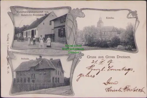 164102 AK Dzier???no Wielkie Gross Drensen 1907 Schule Kirche Materialwarengesch
