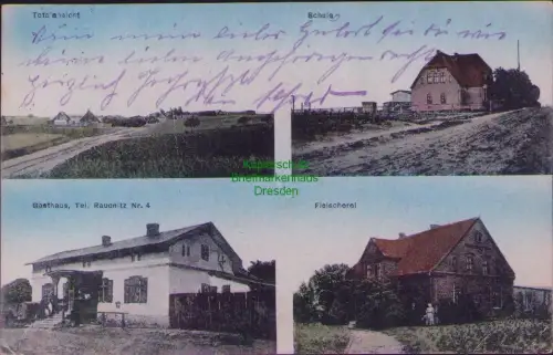164112 AK Totatansicht Schule Gasthaus Tel. Raudnitz Nr. 4 Fleischerei Fröden Kr