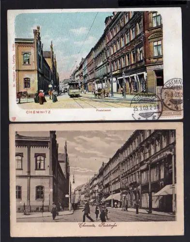 102356 2 AK Chemnitz Poststrasse Straßenbahn 1903 Damen Mode um 1925