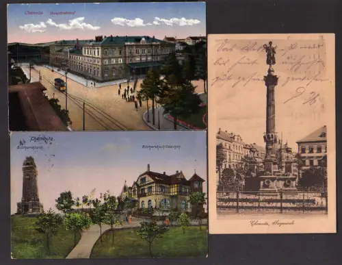 106914 3 AK Chemnitz Hauptbahnhof 1920 Bismarckturm Bismarckschlösschen 1916 Sie