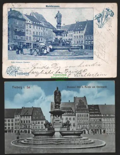 150552 2 AK Freiberg Marktbrunnen 1902 Uhligs Restaurant Obermarkt Denkmal