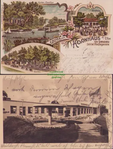 153464 2 AK Kornhaus a. Elbe bei Dessau Litho 1901 Terassenrestaurant 1935