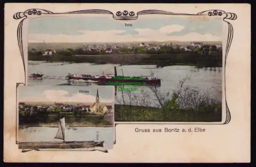 162169 AK Boritz an der Elbe bei Meissen 1912 Kirche Dampfer Total 