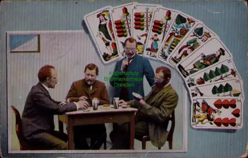 163225 AK Altenburg Skatrunde 1907 Skatblatt Bahnpost Chemnitz Aue Adorf